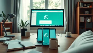 在现代家庭办公环境中，笔记本电脑上显示的 WhatsApp Web，强调高效沟通。