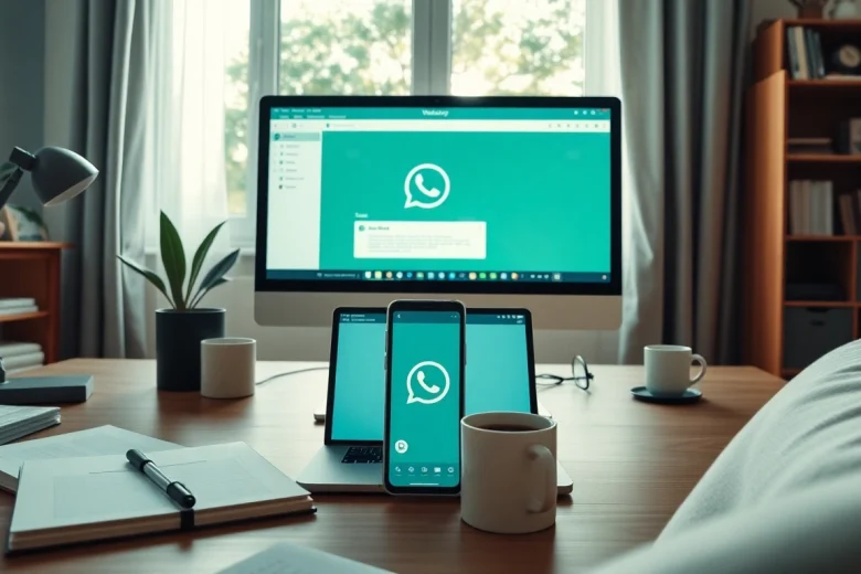在现代家庭办公环境中，笔记本电脑上显示的 WhatsApp Web，强调高效沟通。
