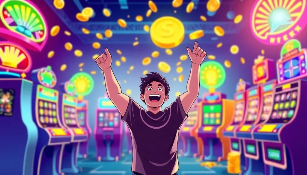 Menggambarkan pengalaman bermain slot depo 1k yang menyenangkan dengan simbol kemenangan dan pemain yang merayakan.