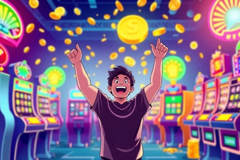 Menggambarkan pengalaman bermain slot depo 1k yang menyenangkan dengan simbol kemenangan dan pemain yang merayakan.