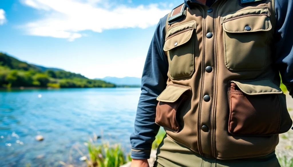 Angler showcasing fly fishing apparel amidst a tranquil riverside landscape.
