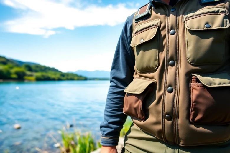 Angler showcasing fly fishing apparel amidst a tranquil riverside landscape.