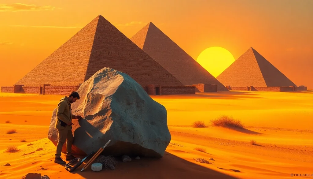 Explore ancient pyraminds with an archaeologist examining a stone in a desert.