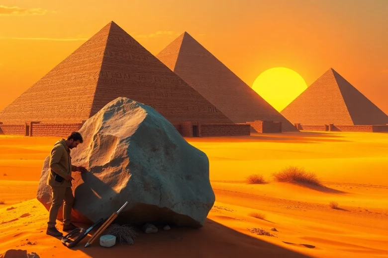 Explore ancient pyraminds with an archaeologist examining a stone in a desert.