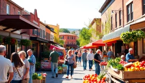 Clarksburg's vibrant farmer's market with local vendors and historic buildings.