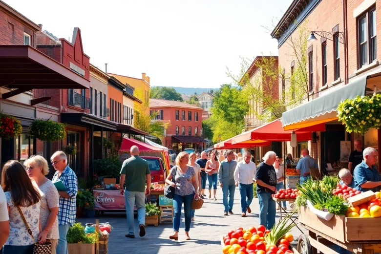 Clarksburg's vibrant farmer's market with local vendors and historic buildings.