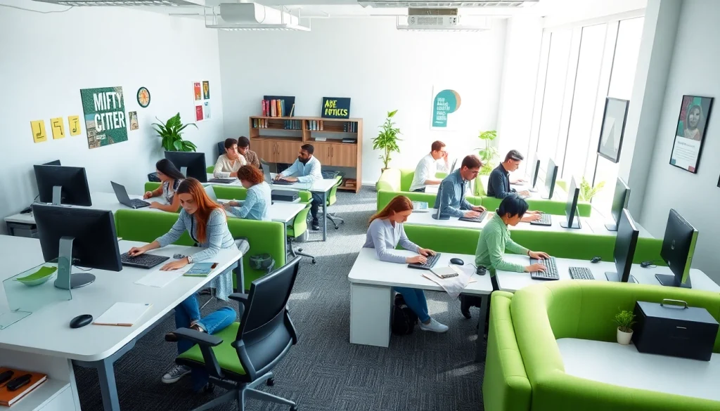 Engaged team in a typing center showcasing collaboration and modern workspaces.
