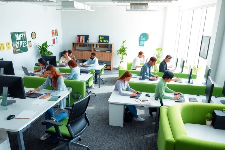 Engaged team in a typing center showcasing collaboration and modern workspaces.