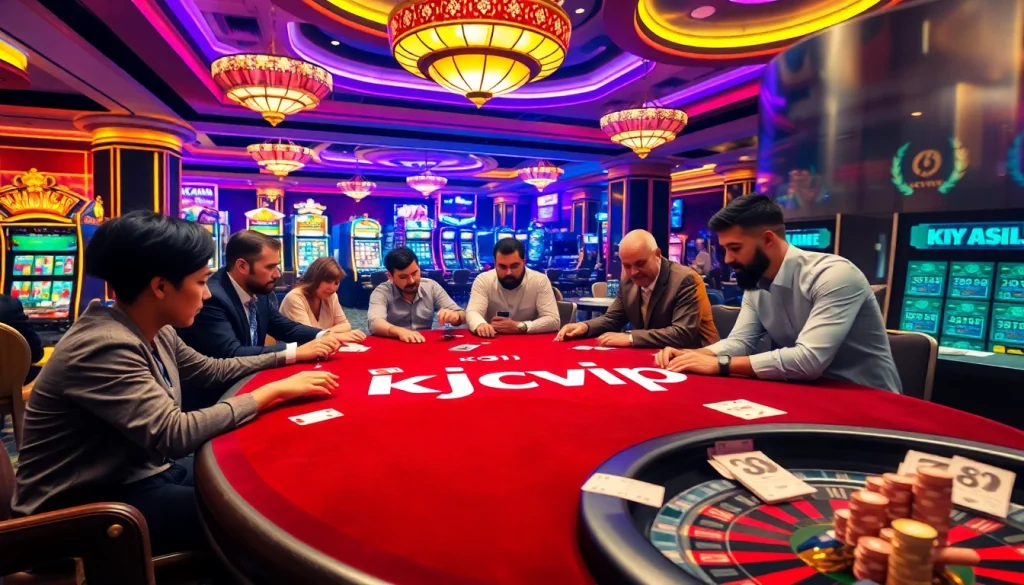 Engaging players at a luxurious gambling table with kjcvip branding showcasing excitement and strategy.