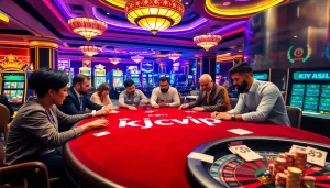 Engaging players at a luxurious gambling table with kjcvip branding showcasing excitement and strategy.