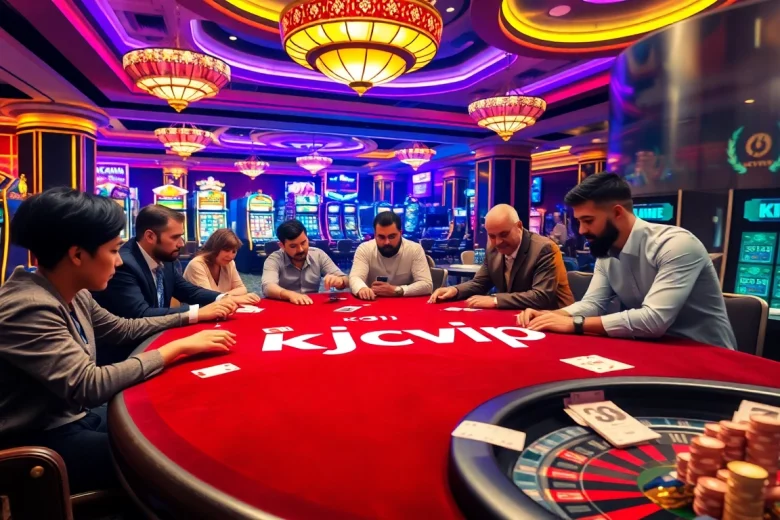 Engaging players at a luxurious gambling table with kjcvip branding showcasing excitement and strategy.