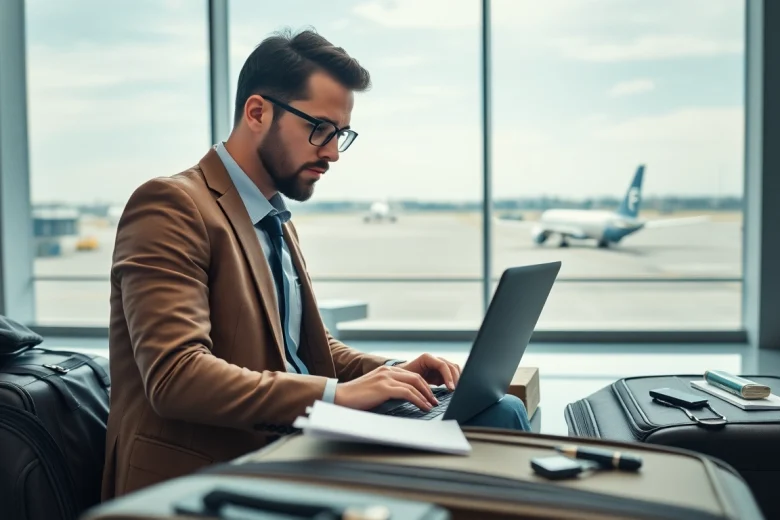 Submit your eta application uk seamlessly while traveling in a bright airport lounge.
