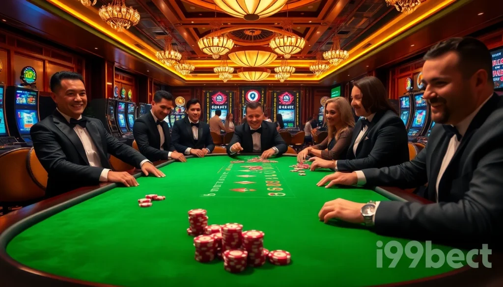 Players enjoying a high-stakes poker game at i9bet, showcasing a luxurious casino atmosphere.