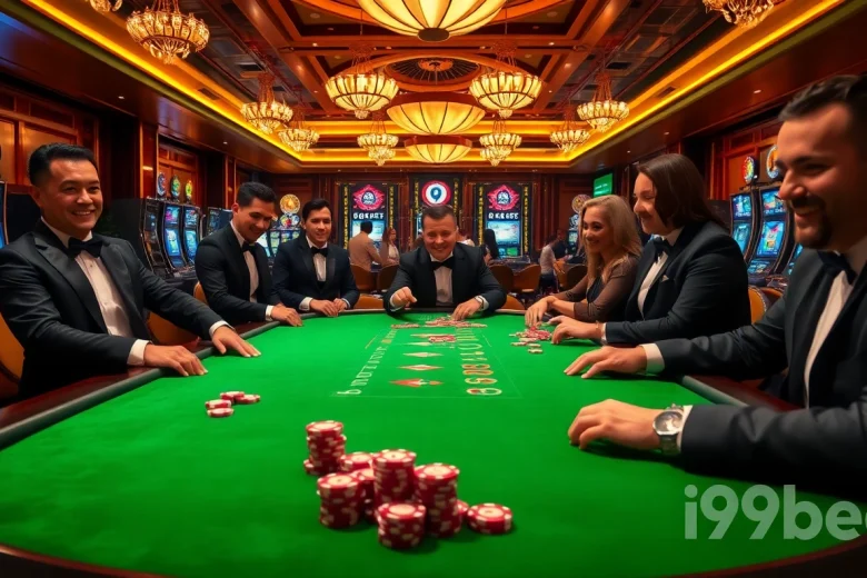 Players enjoying a high-stakes poker game at i9bet, showcasing a luxurious casino atmosphere.