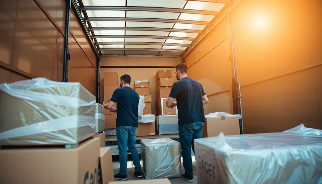 Umzugsfirma-Mitarbeiter packt professionell Umzugsgut in einen modernen Transporter