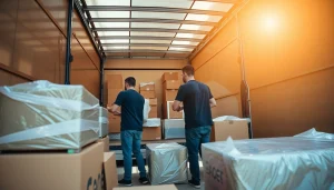 Umzugsfirma-Mitarbeiter packt professionell Umzugsgut in einen modernen Transporter