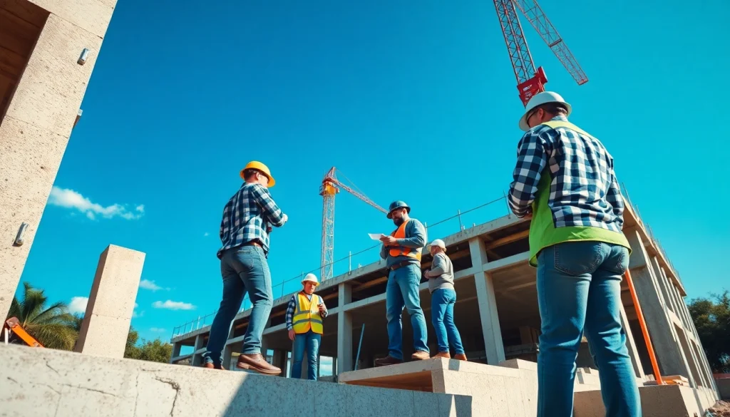 Austin construction site showing workers collaborating and building, highlighting teamwork and progress.