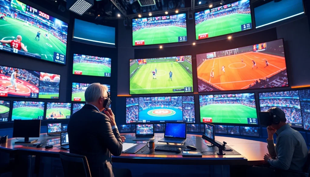 Sports Broadcasting professionals analyze live games in a vibrant studio, highlighting engagement.
