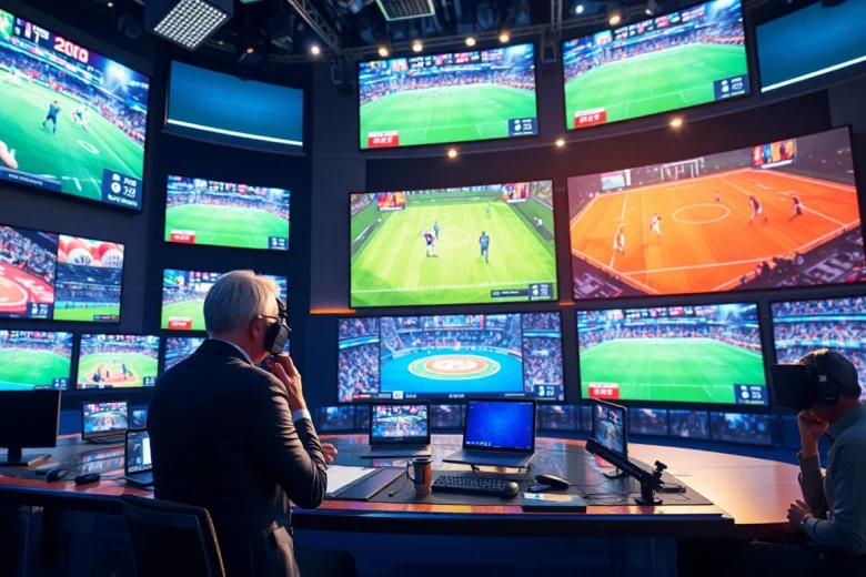 Sports Broadcasting professionals analyze live games in a vibrant studio, highlighting engagement.