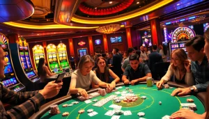 A vibrant casino scene showcasing players at a poker table along with slot machines and a roulette wheel at https://789cluber.com/ for an engaging gambling experience.