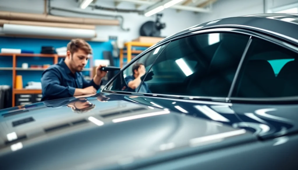 Auto window tint application by a technician in a professional workshop.