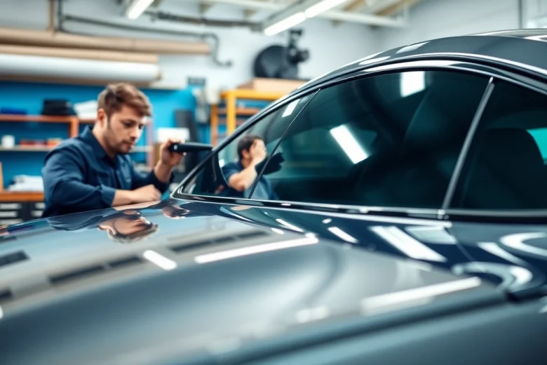 Auto window tint application by a technician in a professional workshop.