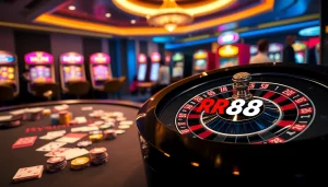 Experience the thrill of RR88's vibrant casino scene with poker chips and a roulette wheel.