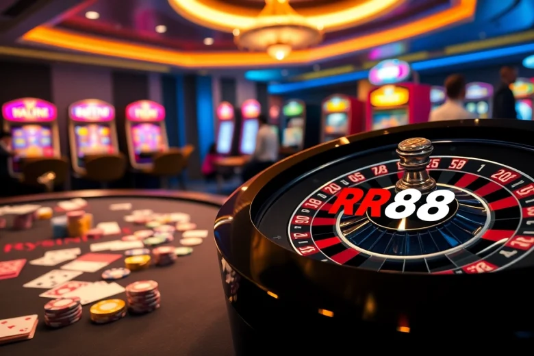 Experience the thrill of RR88's vibrant casino scene with poker chips and a roulette wheel.