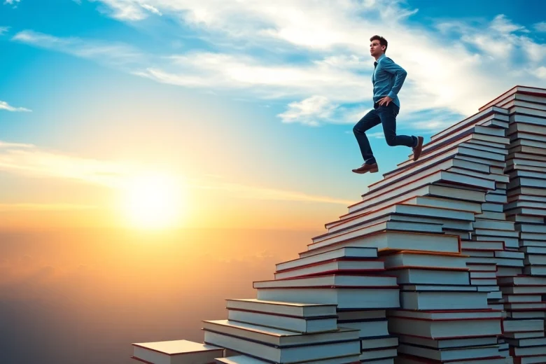 Illustration showing how can short term goals best lead towards accomplishing long term career goals through symbolic staircase.