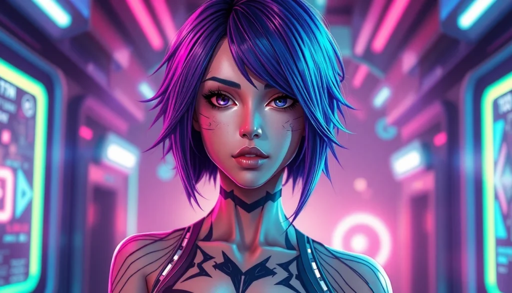 Vibrant AI character depicting NSFW AI interactions in a cyberpunk setting.