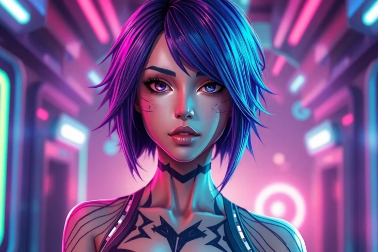 Vibrant AI character depicting NSFW AI interactions in a cyberpunk setting.