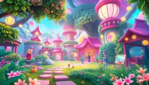 Engaging scene from a hentai game featuring colorful anime characters in a vibrant fantasy landscape.