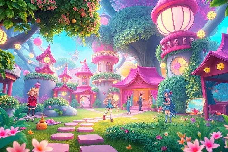 Engaging scene from a hentai game featuring colorful anime characters in a vibrant fantasy landscape.