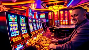 Bermain di slot depo 1K dengan mesin slot bersinar dan suasana kasino yang hidup.