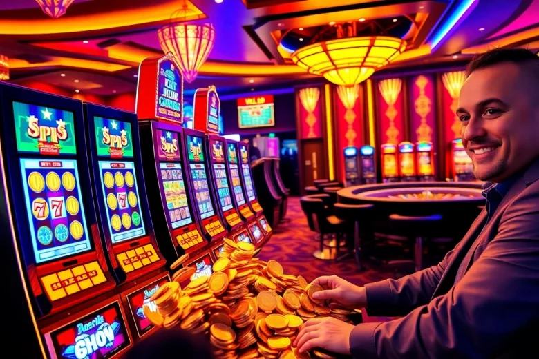 Bermain di slot depo 1K dengan mesin slot bersinar dan suasana kasino yang hidup.