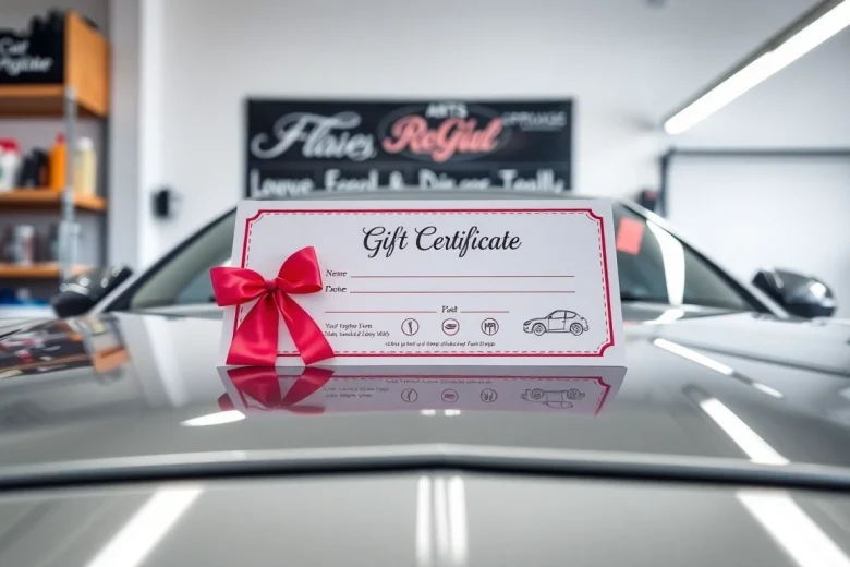 Engaging car detailing gift certificate presented on a glossy car surface, highlighting premium car care options.