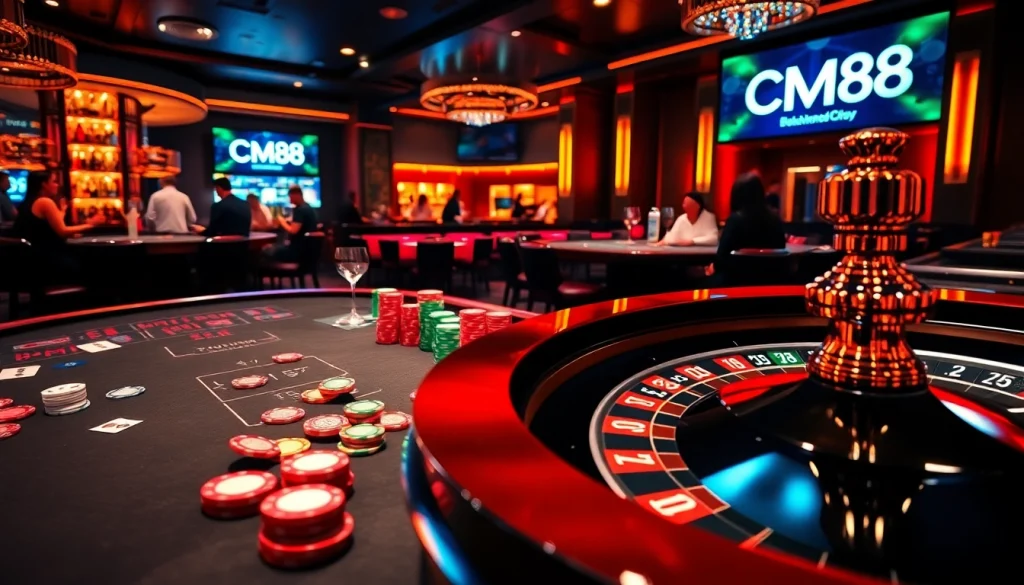 Experience thrilling gaming moments at CM88 with a stunning casino table and vibrant poker chips.