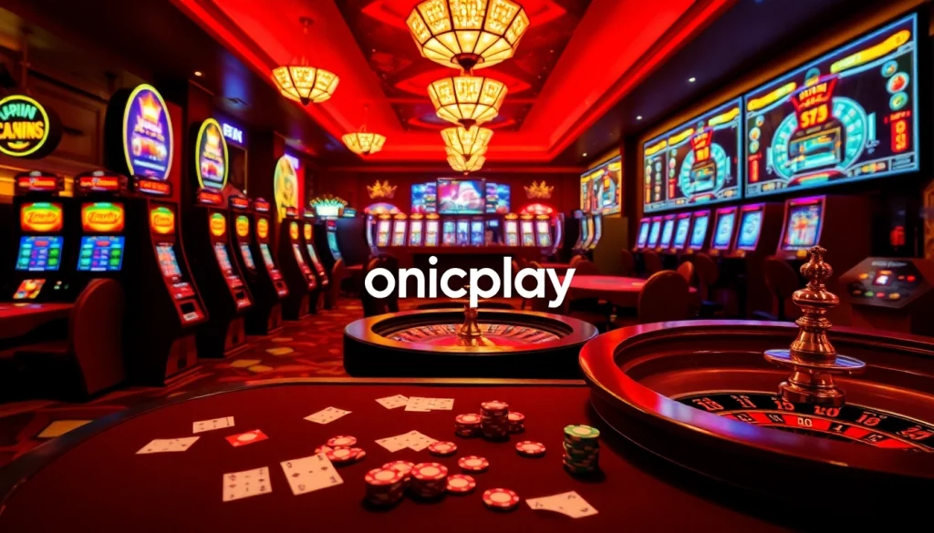 Engage with onicplay's vibrant casino atmosphere featuring slot machines and poker chips.