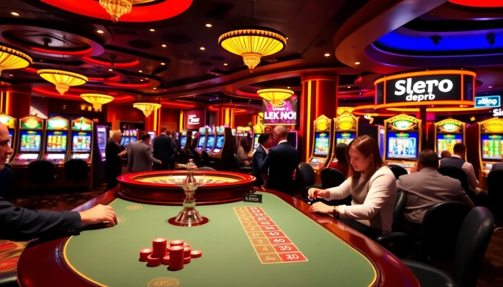 Experience the thrill of slot depo 5rb in a vibrant casino scene with engaged players and colorful machines.