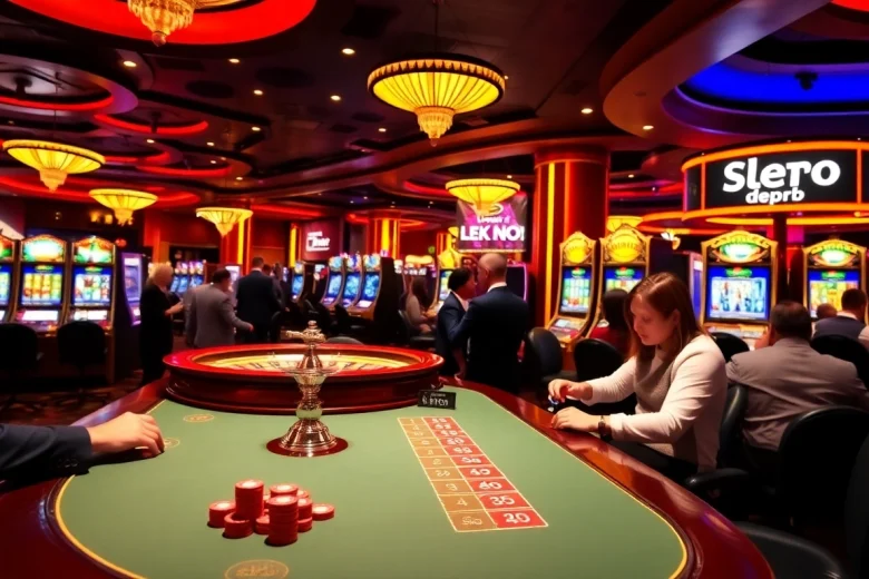 Experience the thrill of slot depo 5rb in a vibrant casino scene with engaged players and colorful machines.
