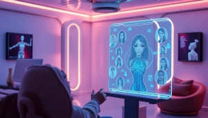 Engaging interaction with nsfw character ai in a futuristic digital room.