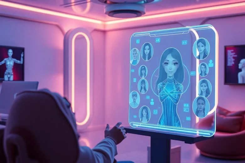 Engaging interaction with nsfw character ai in a futuristic digital room.