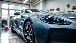 Experience top-quality ceramic coating near me with a car being detailed in a professional workshop.