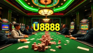 Exciting casino scene featuring U8888 gaming elements with vibrant slot machines and professional dealers.