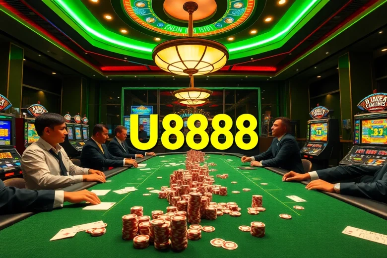 Exciting casino scene featuring U8888 gaming elements with vibrant slot machines and professional dealers.