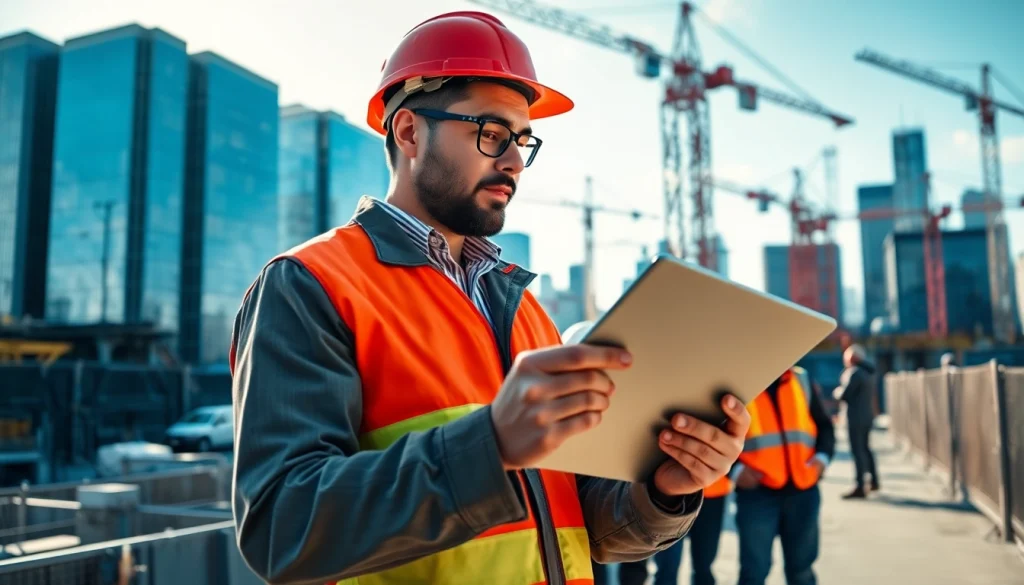 New York City Construction Manager reviewing plans on-site, guiding a team of workers.