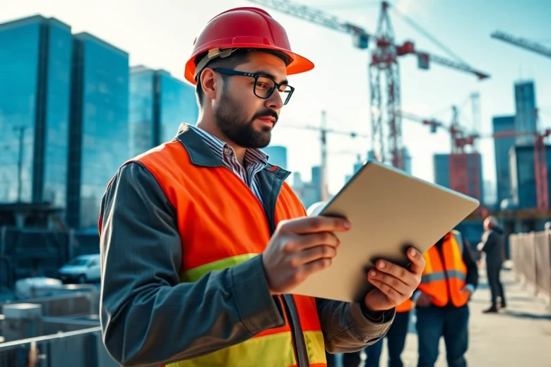 New York City Construction Manager reviewing plans on-site, guiding a team of workers.