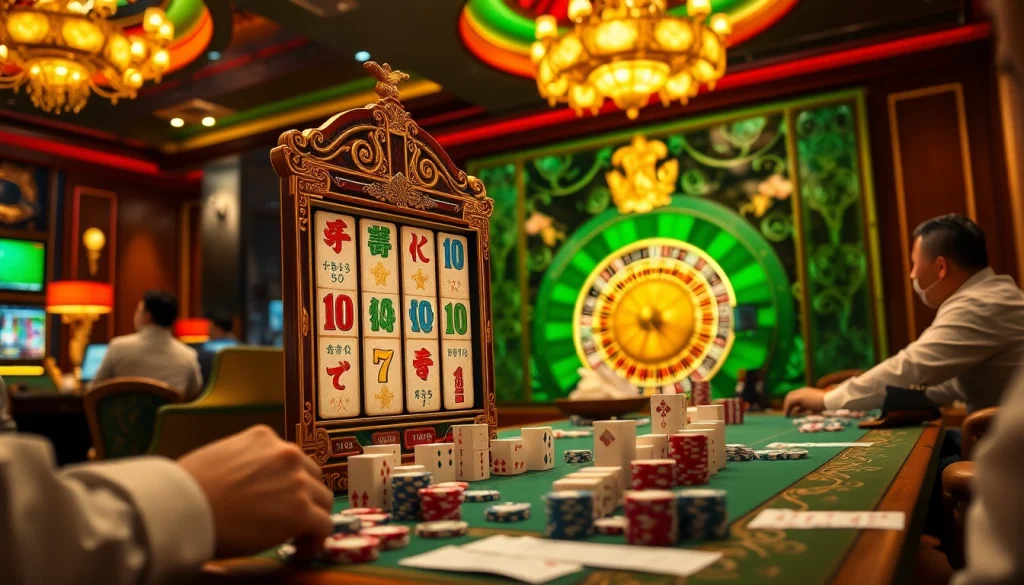 Rasakan sensasi slot demo Mahjong dengan visual yang hidup di latar kasino mewah.