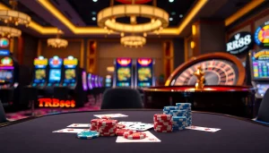 RR88 casino scene featuring game tables, poker chips, and a roulette wheel in an elegant ambiance.