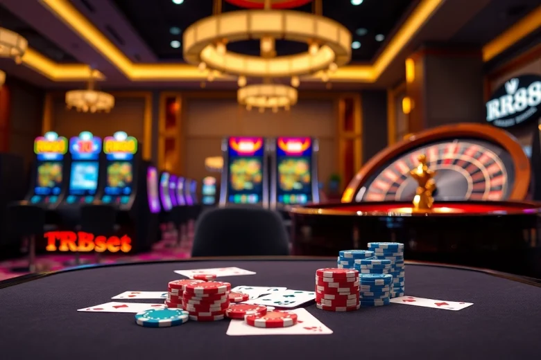 RR88 casino scene featuring game tables, poker chips, and a roulette wheel in an elegant ambiance.